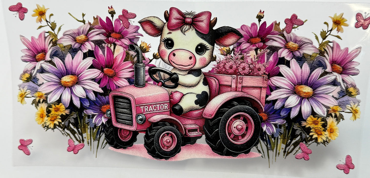 Cartoon cow driving a pink tractor surrounded by colorful flowers