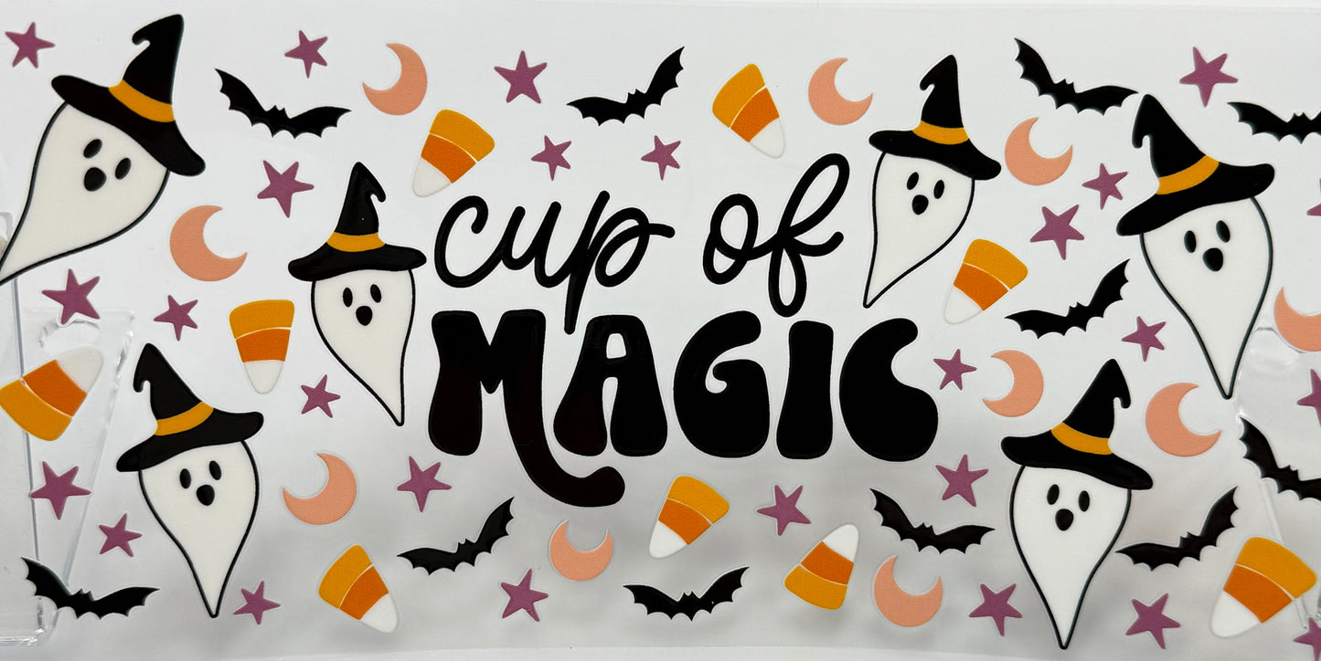 Halloween-themed design with ghosts, candy corn, and bats on a white background.