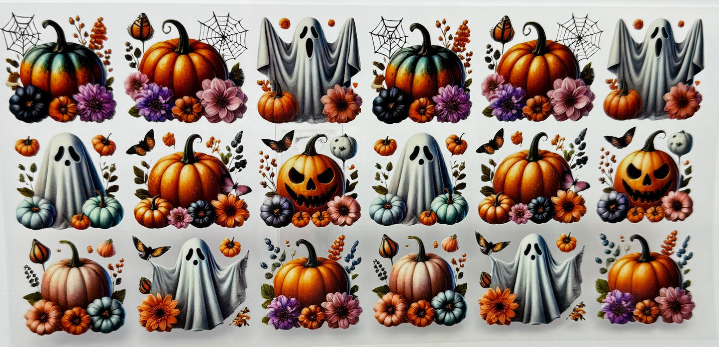 Halloween-themed print with pumpkins, ghosts, and flowers