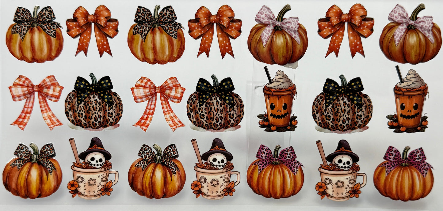 Collection of Halloween-themed pattern featuring pumpkins, bows, and skeletons