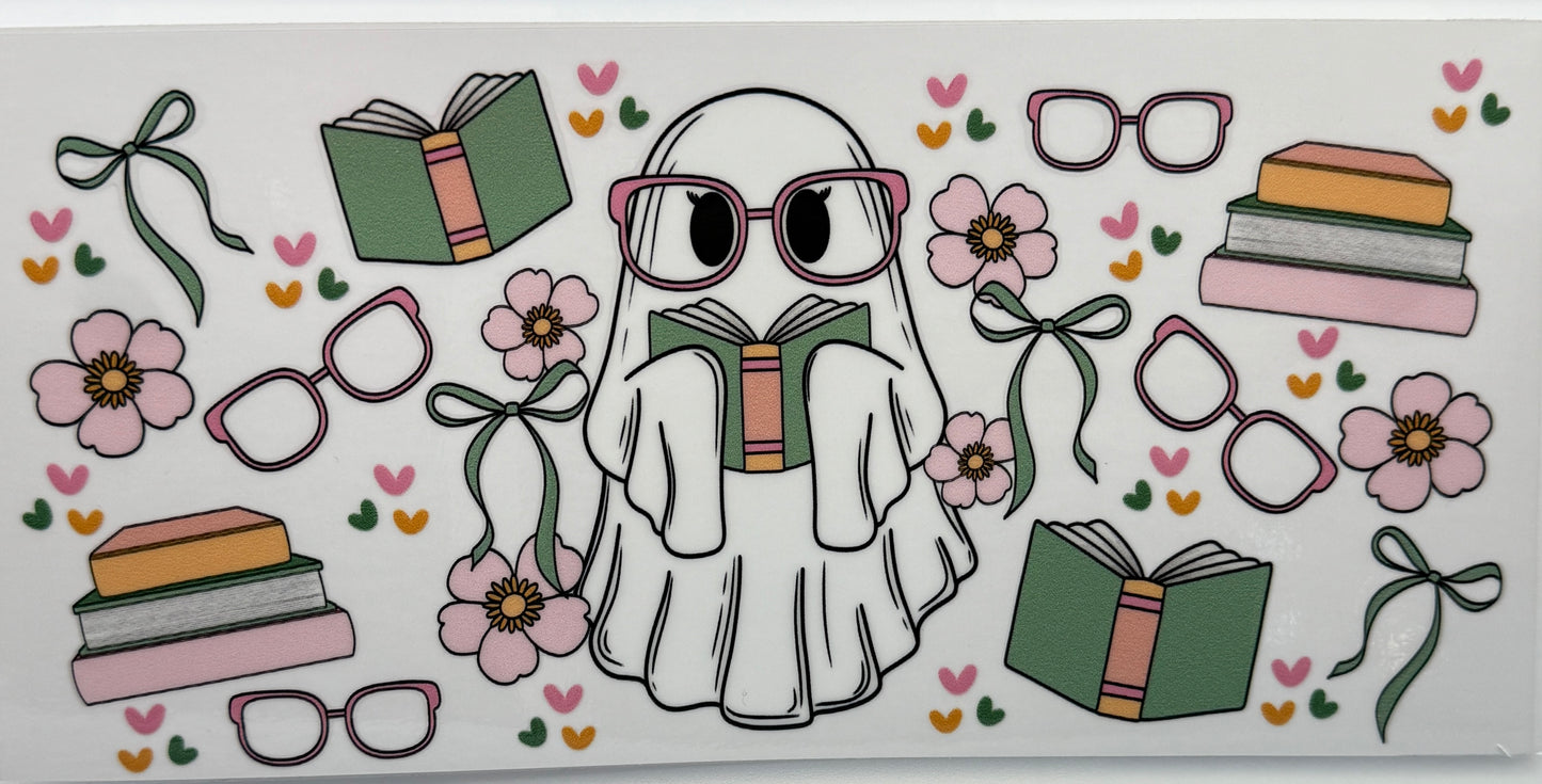 Cartoon ghost wearing sunglasses with books and flowers around, on a colorful background.