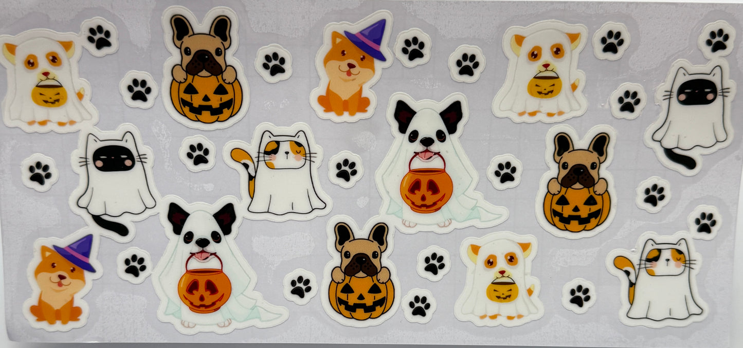Set of Halloween-themed wrap featuring dogs, cats, and pumpkins