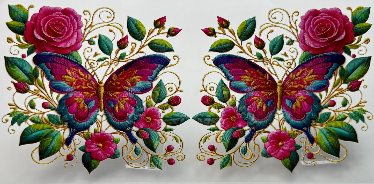 Two colorful butterflies with flowers and leaves