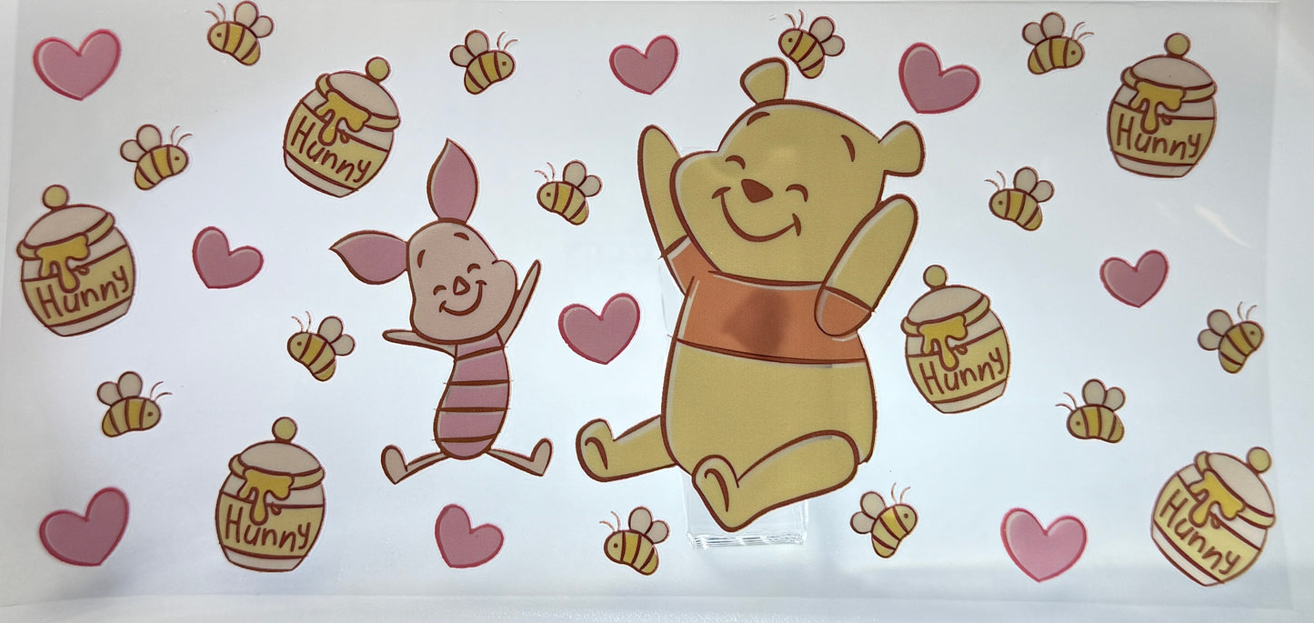 Cartoon characters and honey jars with hearts