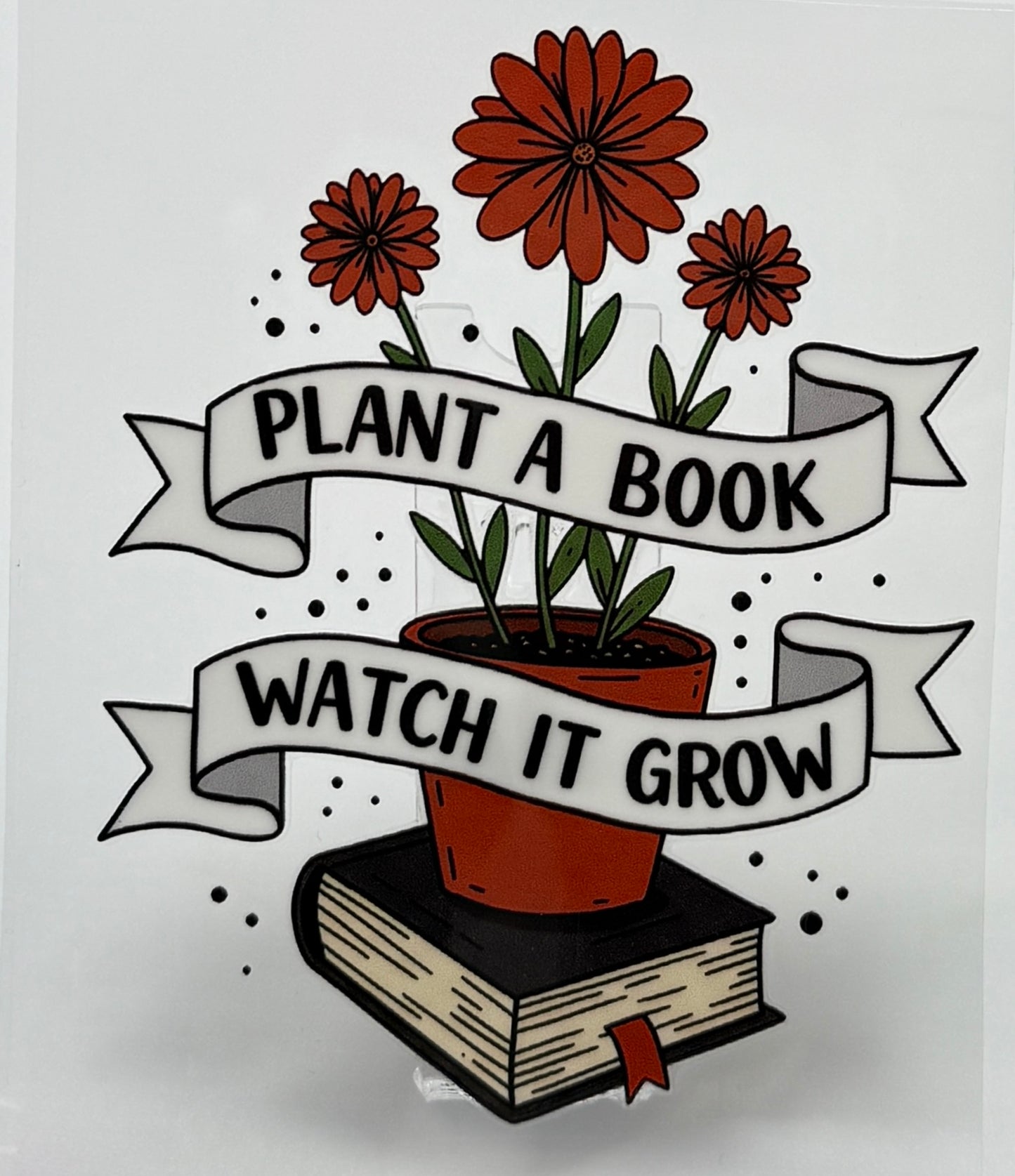 Illustration of a potted plant on a book with 'Plant a Book, Watch It Grow' text.