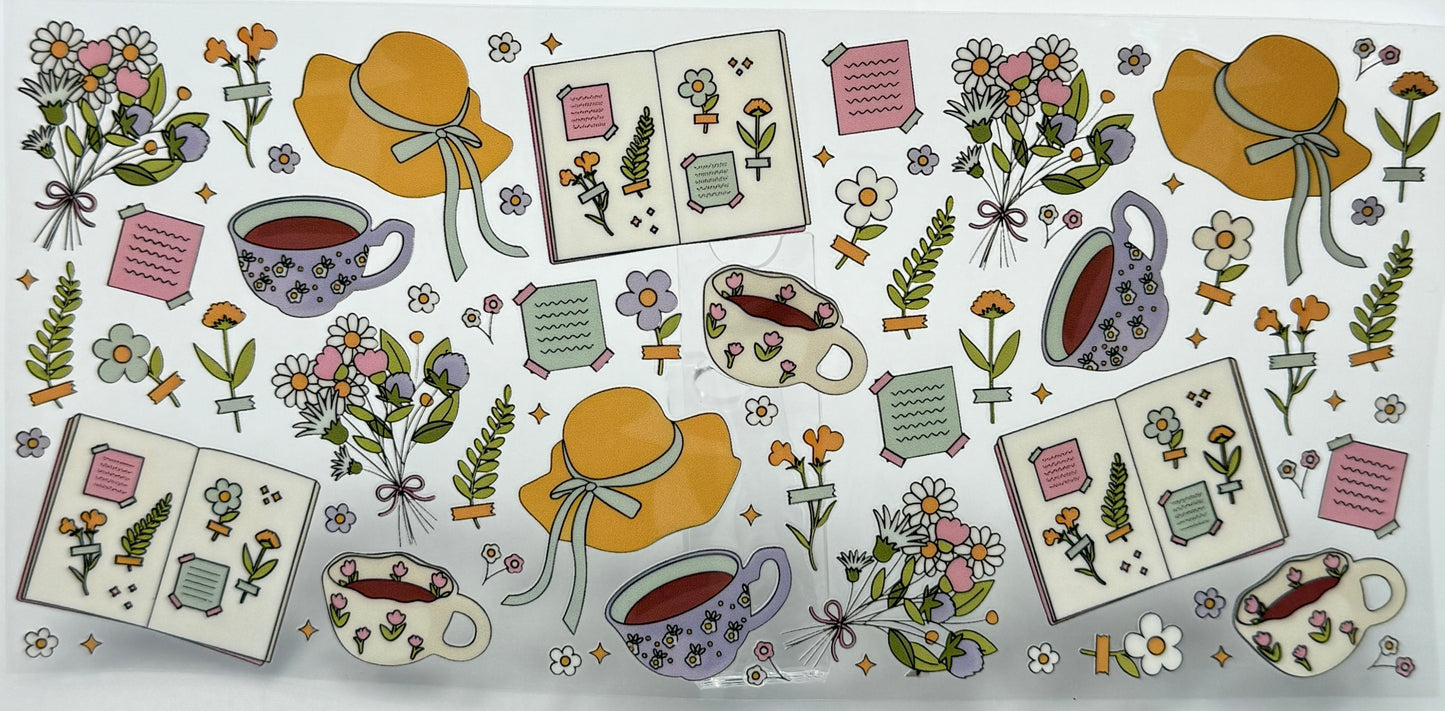 Pattern of teacups, hats, and flowers
