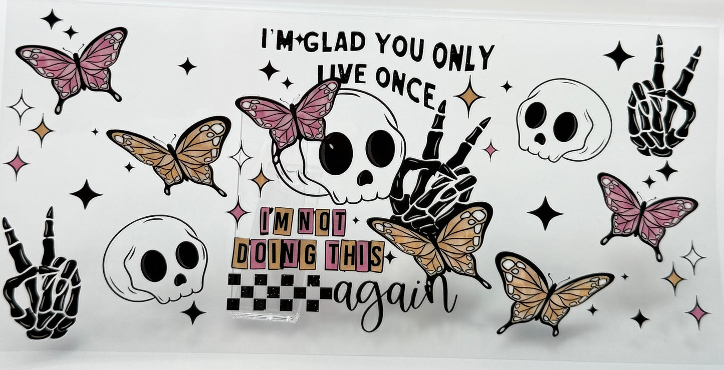 Decorative design with skulls, butterflies, and text
