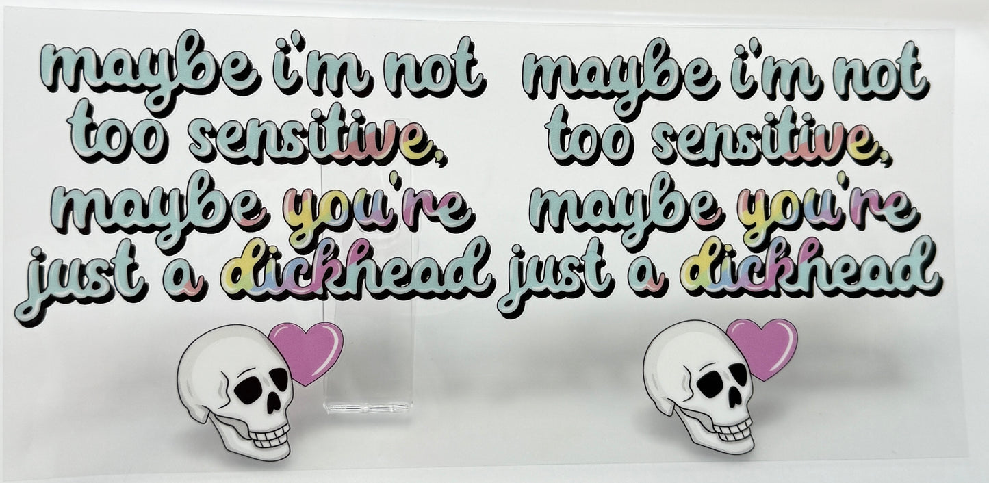 Two stickers with skull designs and text