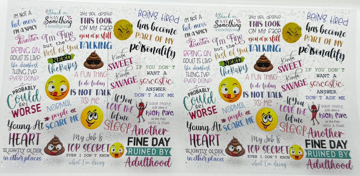 Sheet of printed phrases and emojis
