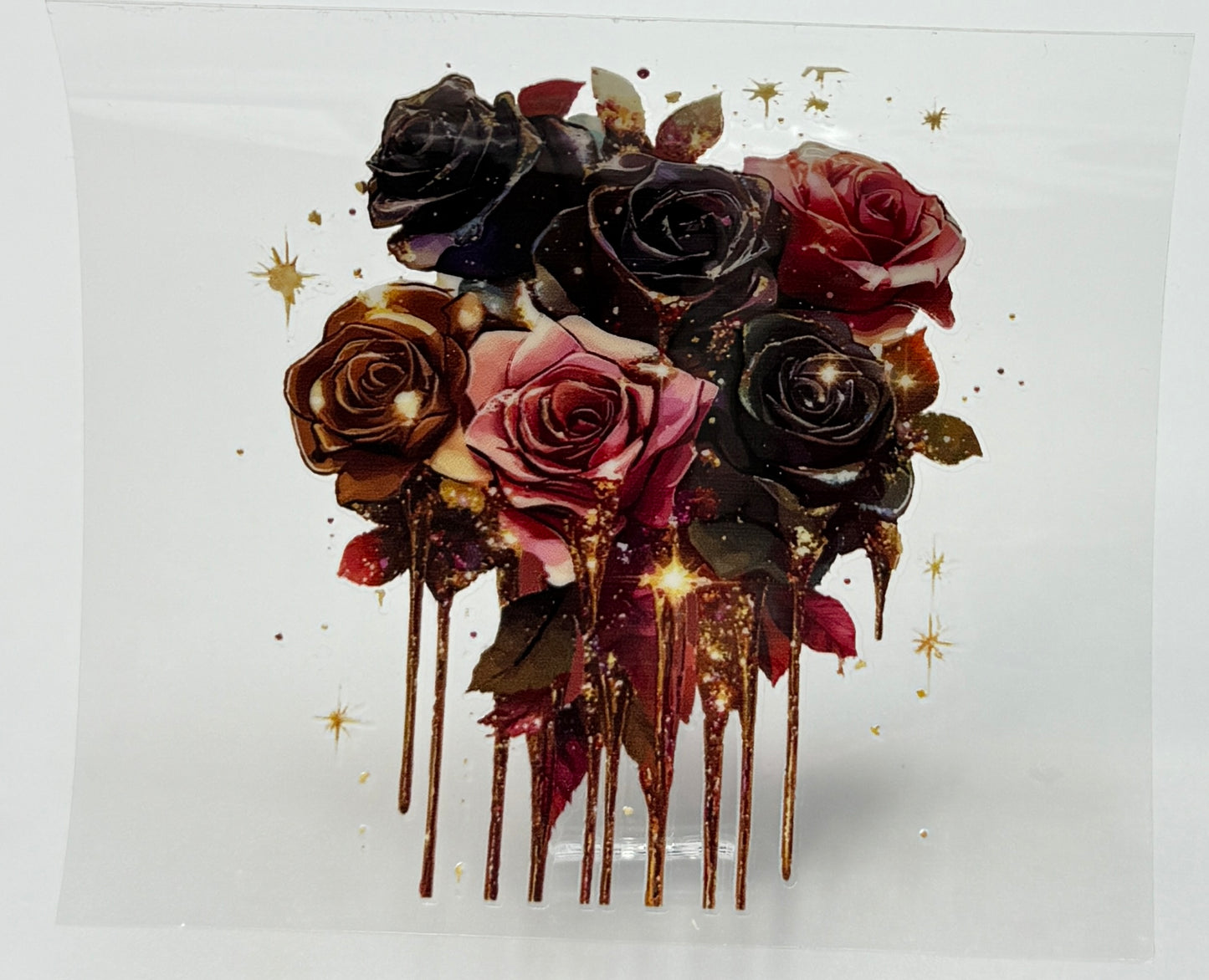 Artistic depiction of roses with gold accents