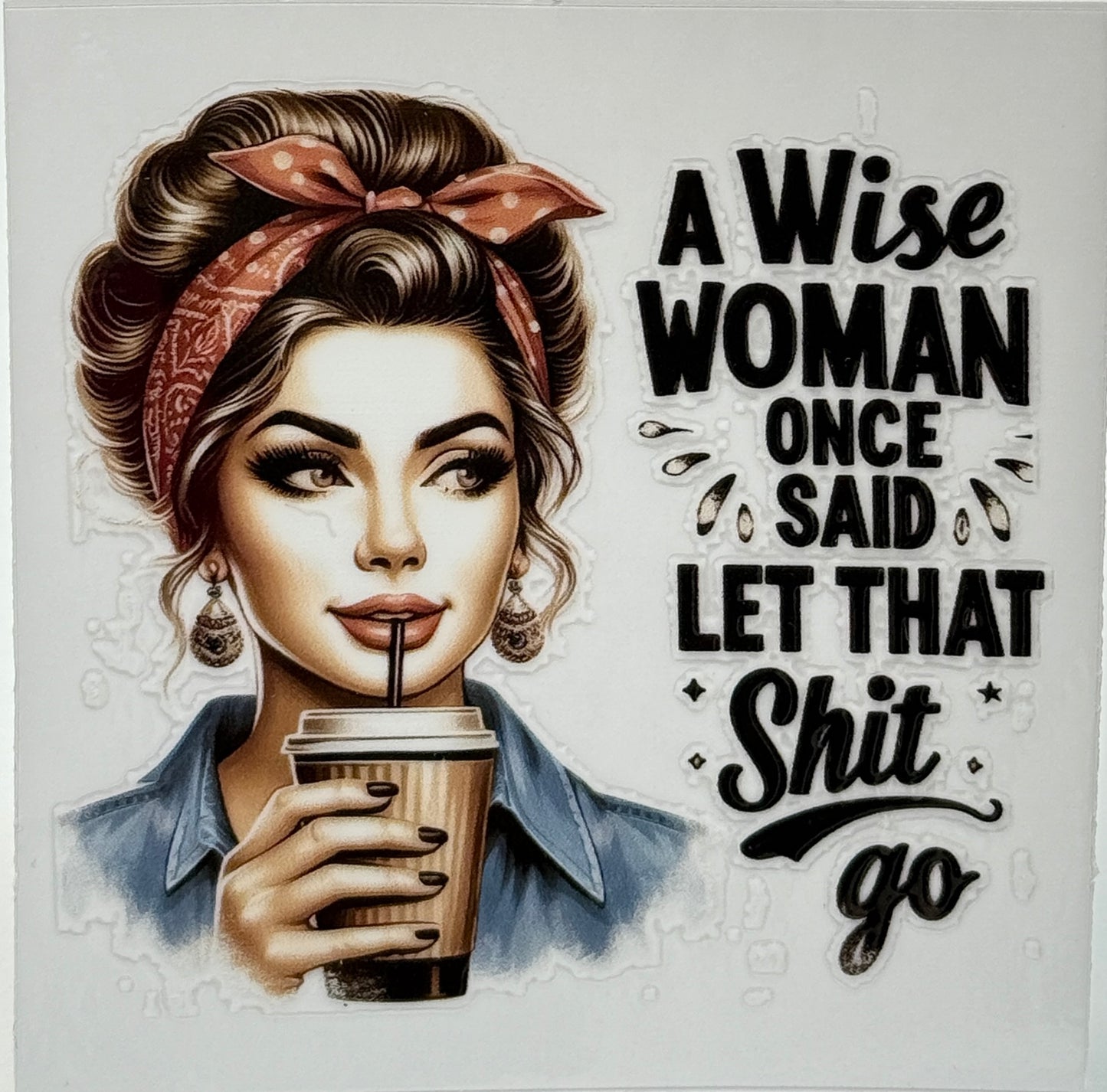 Illustration of a woman with a coffee cup and text