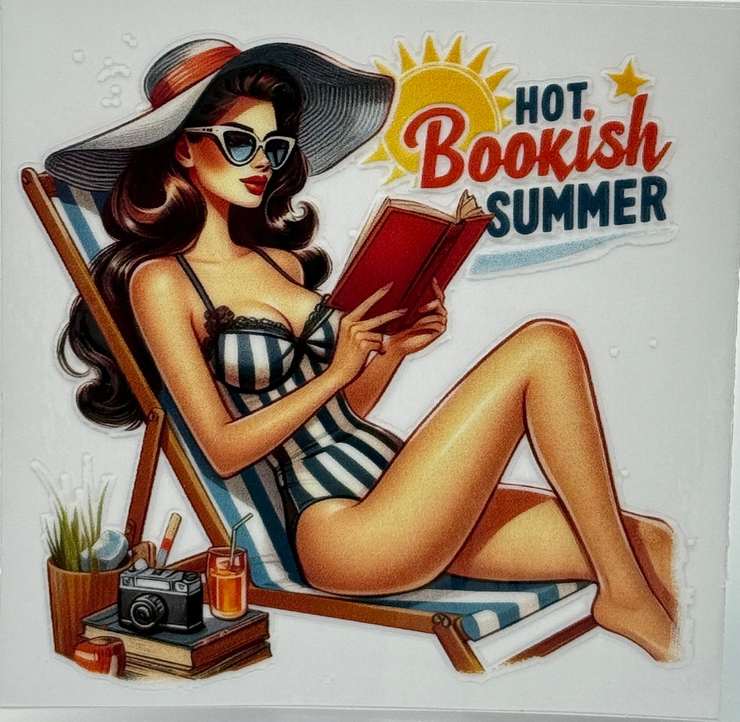 Illustration of a woman in a swimsuit reading a book on a deck chair with 'Hot Bookish Summer' text.