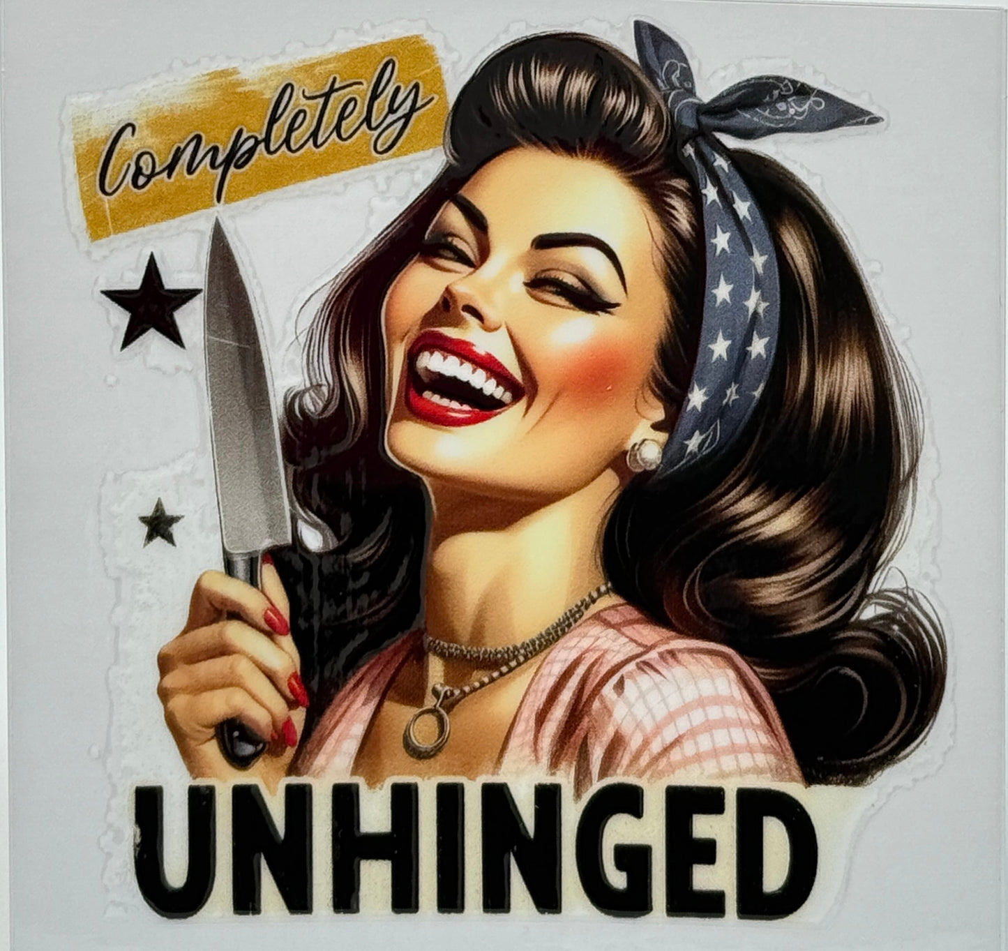 Illustration of a woman with an American flag headband holding a knife, with text 'Completely UNHINGED'