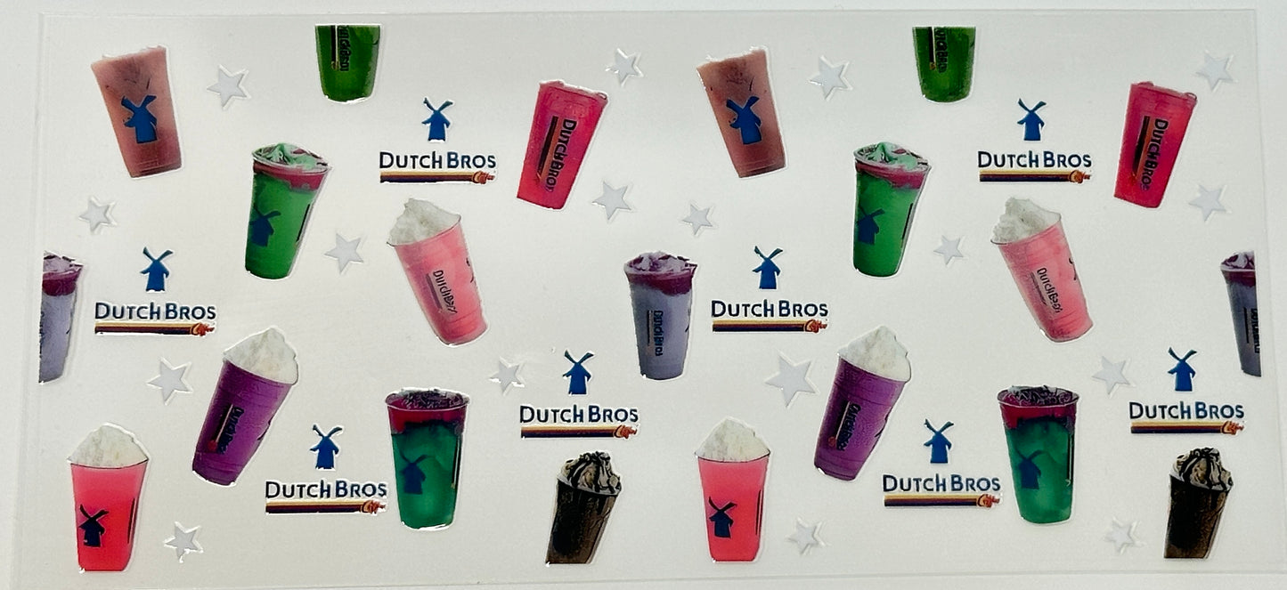 Promotional poster for Dutch Bros drinks with various drink containers.