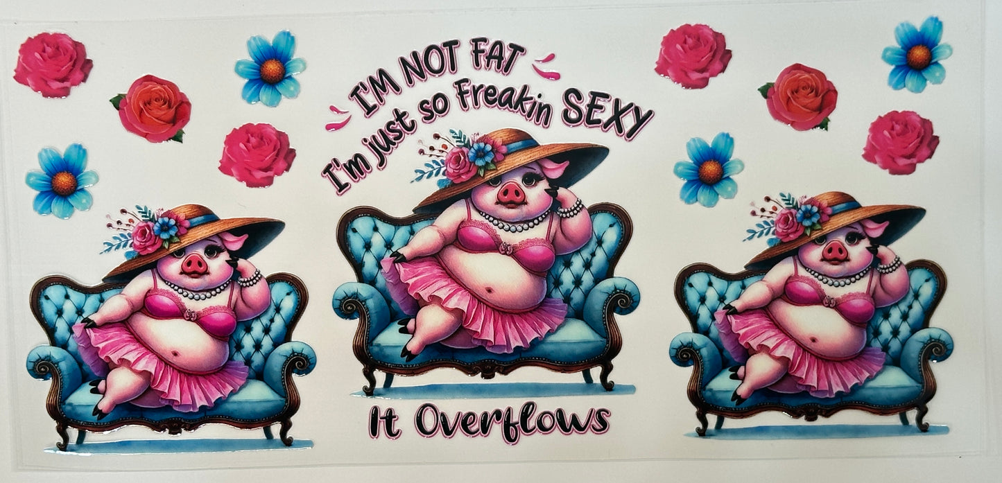 Three cartoon pigs in decorative outfits with text