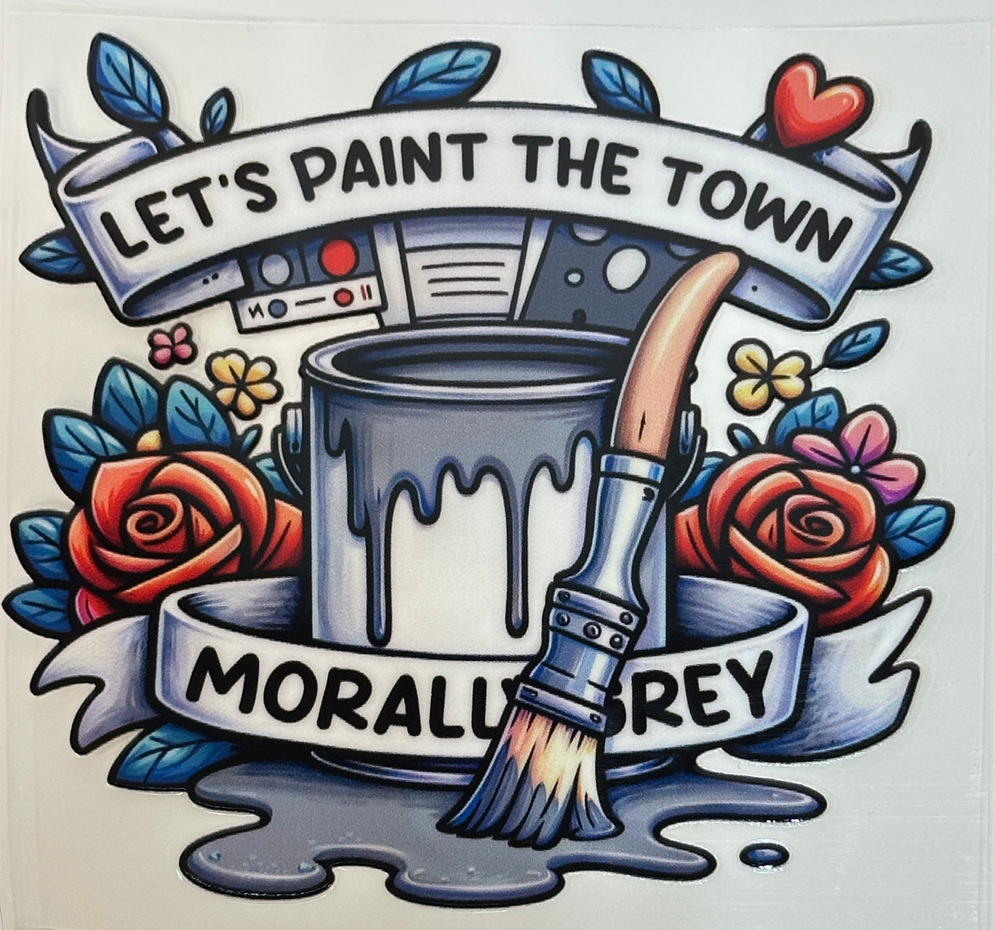 Illustration with a paint can, brush, and text 'Let's Paint the Town Grey' surrounded by flowers and leaves.