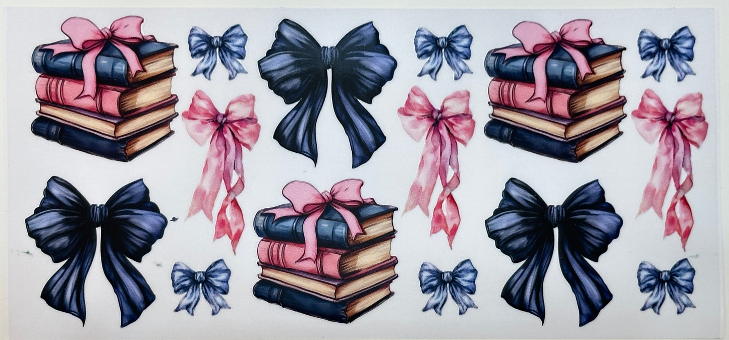 Illustrations of stacked books with pink and blue bows