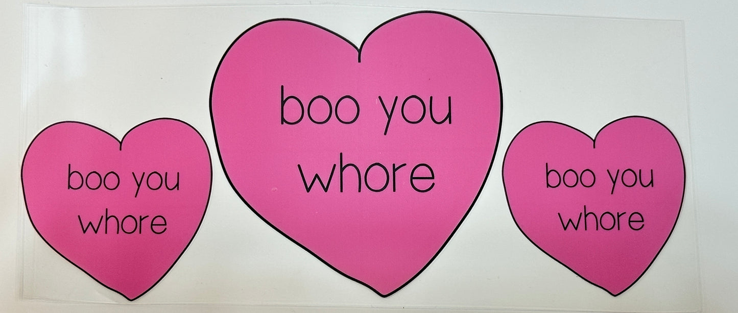 Three pink hearts with black text