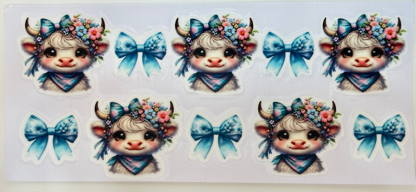 Set of cute cow illustrations with floral crowns and blue bows