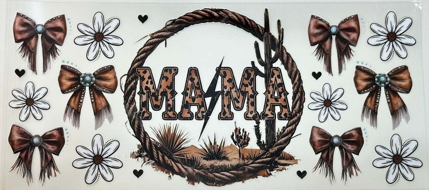Decorative sign with 'MAMA' text surrounded by bows, flowers, and cacti