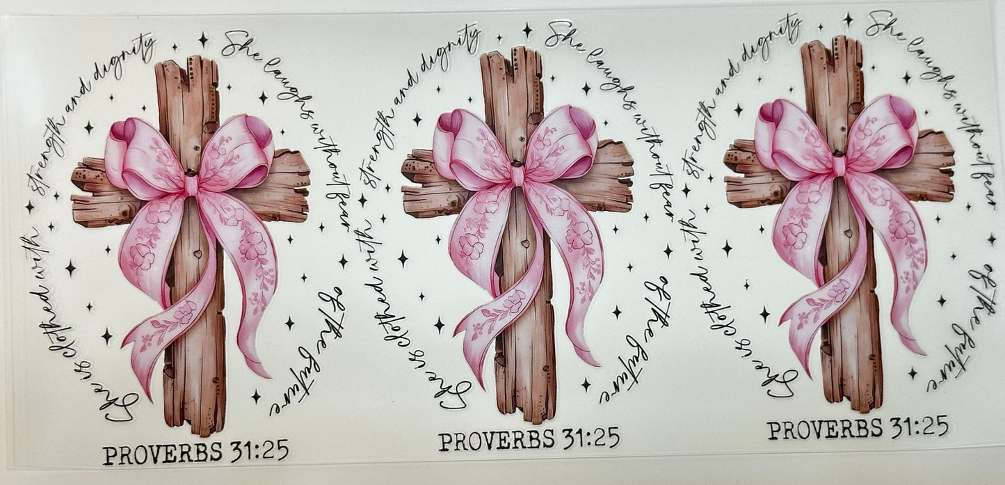 Three wooden crosses with pink ribbons and text
