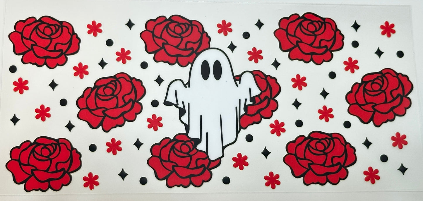 White ghost surrounded by red roses