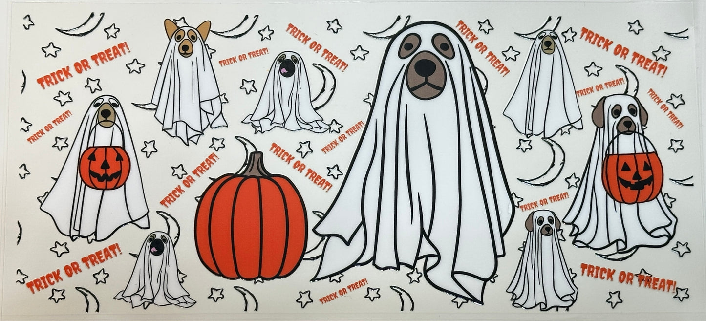 Halloween-themed design with dogs in ghost costumes and pumpkins.