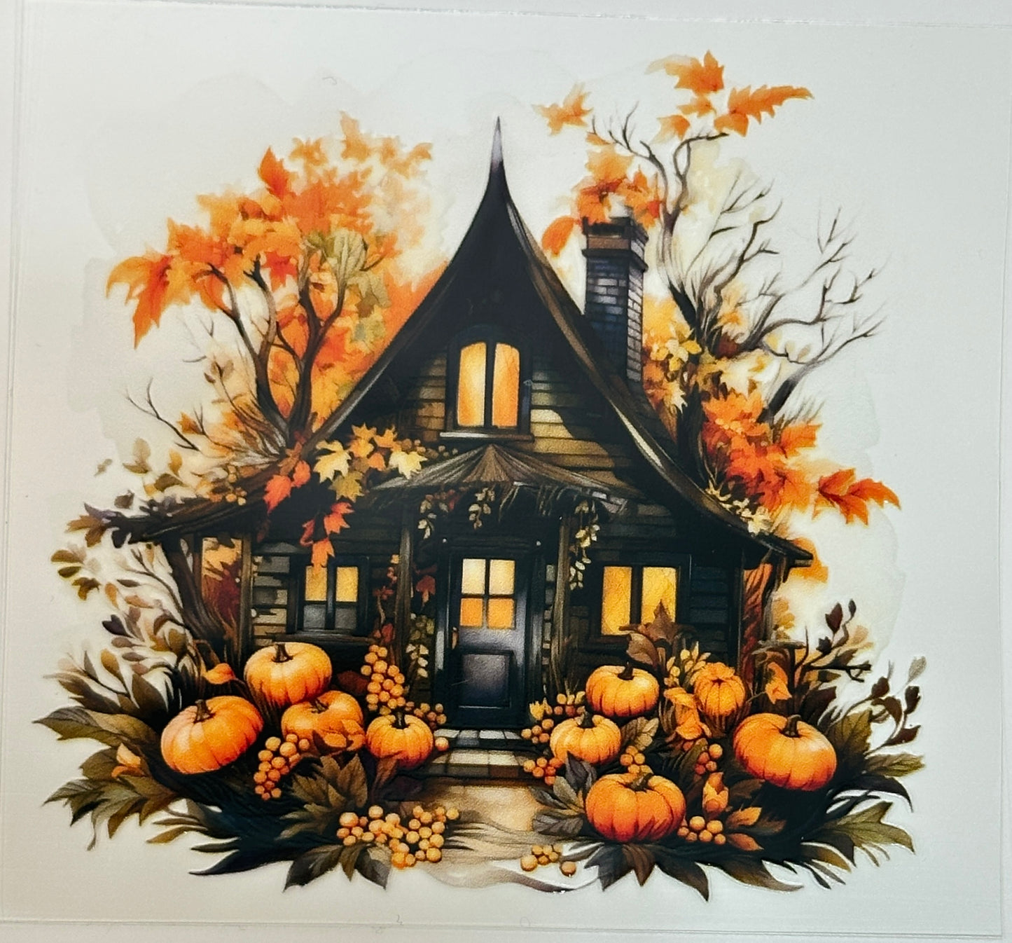 Illustration of a haunted house with pumpkins and autumn leaves