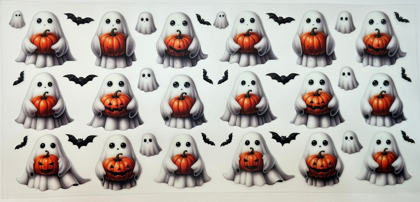 Halloween-themed stickers with ghosts holding pumpkins and bats