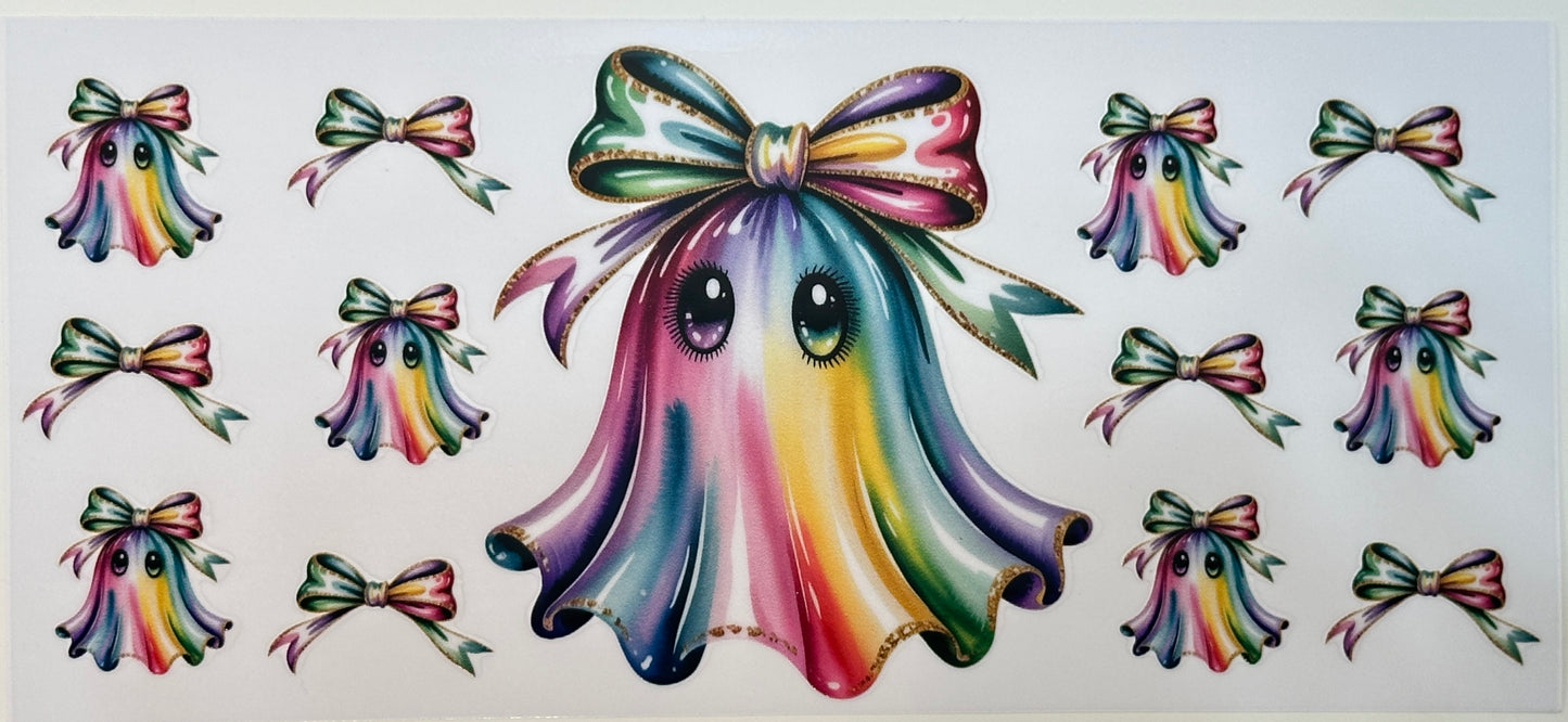 Colorful ghost with rainbow bow and small ghost figures with bows
