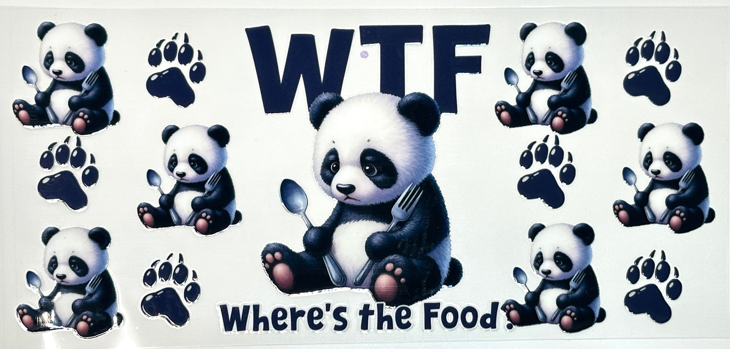 Cartoon panda with text 'WTF Where's the Food' surrounded by paw prints