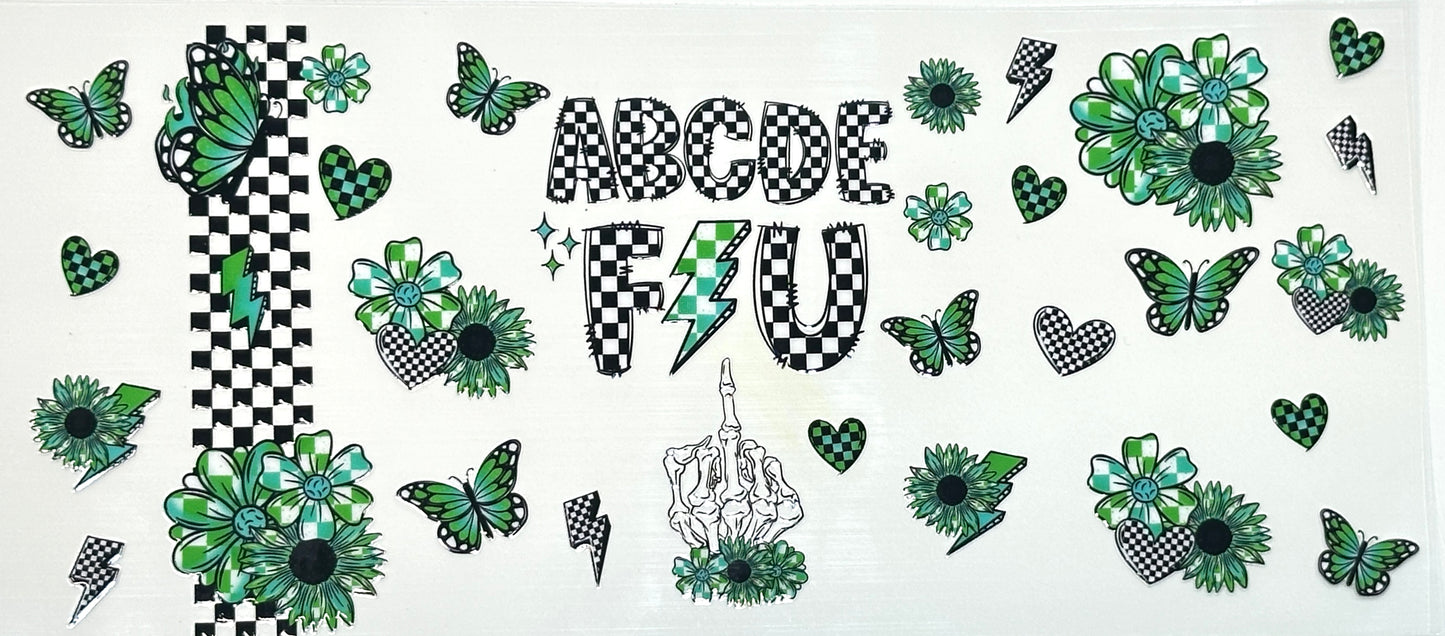 Decorative sheet with letters, flowers, and checkered patterns