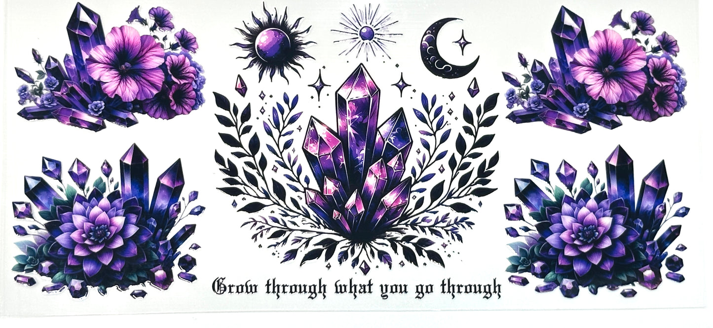 Collection of purple crystal and floral designs with motivational text