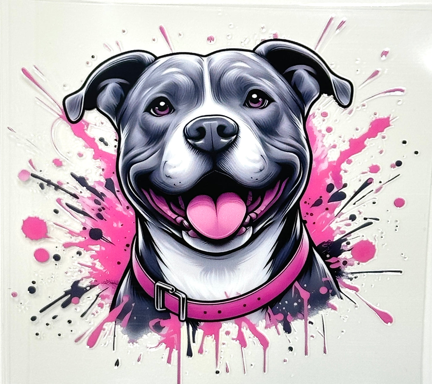 Illustration of a dog with a pink collar on a colorful splatter background