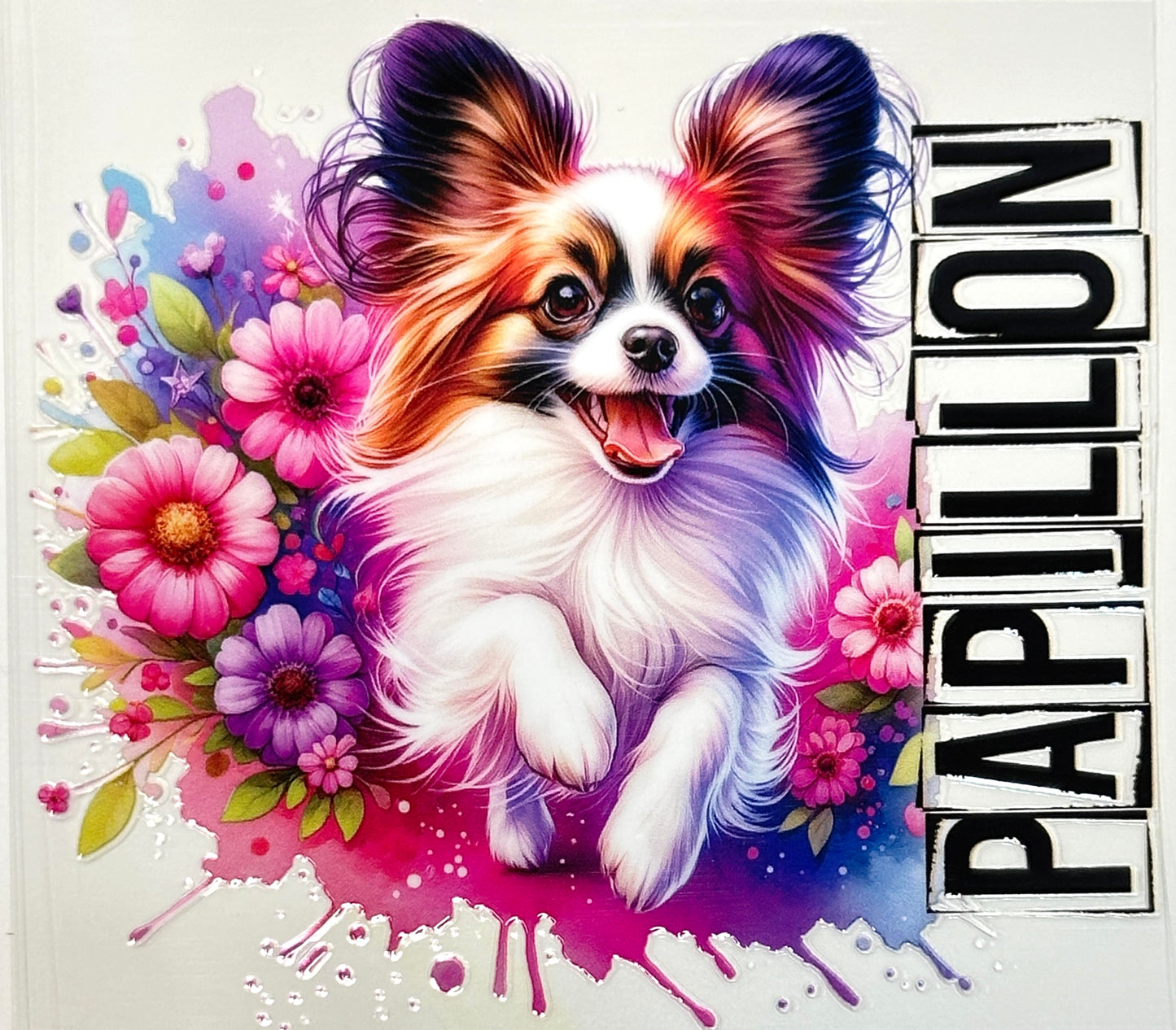 Colorful illustration of a Papillon dog surrounded by flowers with 'Papillon' text.