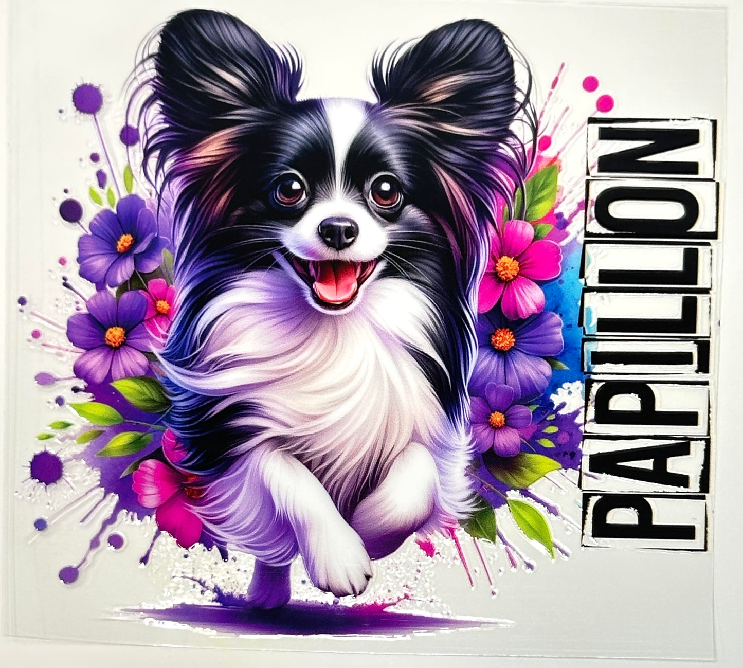 Colorful illustration of a Papillon dog with flowers and the word 'Papillon'