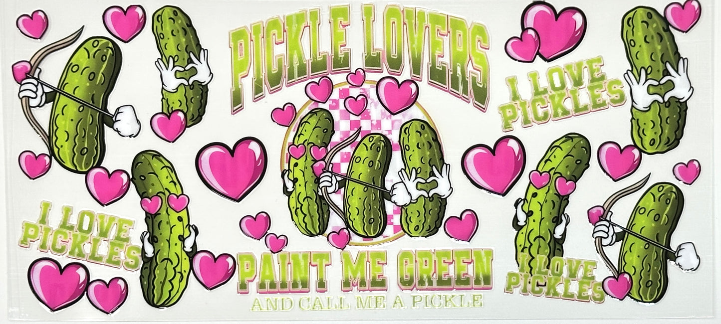 Cartoon pickle characters with hearts and text