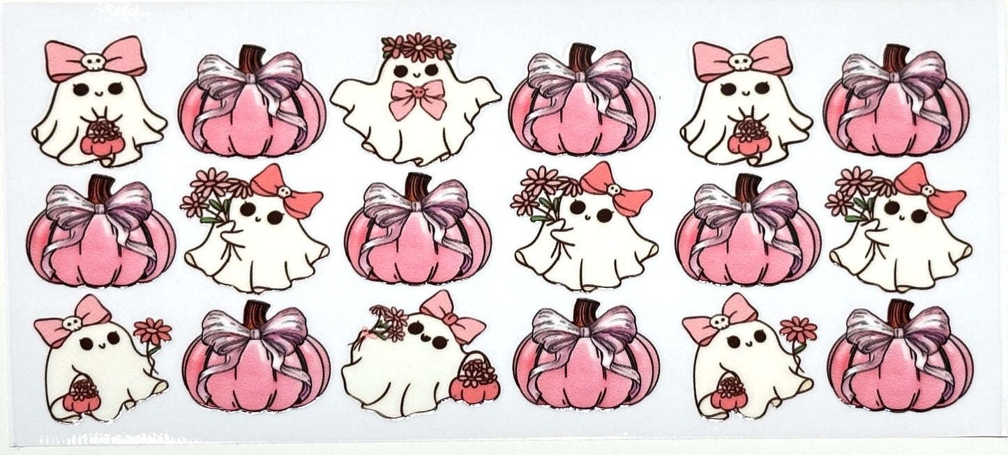 Set of cute illustrations of pumpkins and ghosts with pink bows