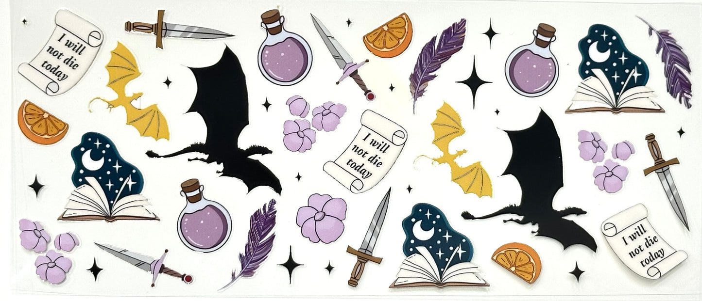 Decorative sticker sheet with fantasy-themed elements including bats, books, potions, and swords.