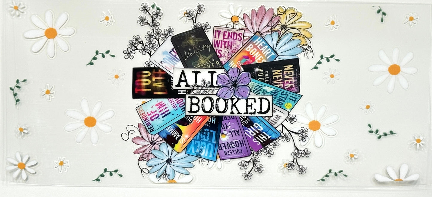 Decorative banner with books and flowers on a light gray background, featuring the text 'All Booked'.