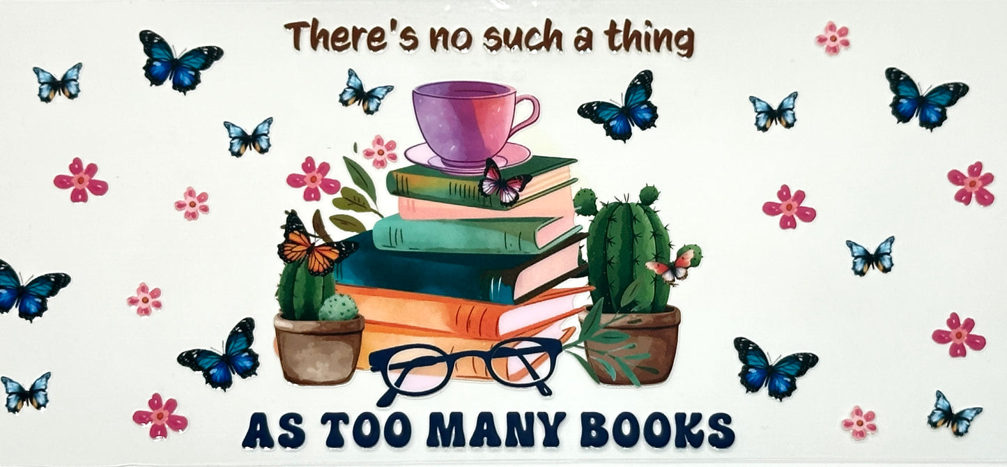 Stack of books with a cup, glasses, and plants on a decorative background with butterflies and flowers.