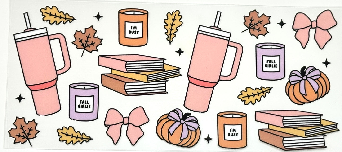 Illustrations of pink tumblers, candles, books, and pumpkins with autumn leaves on a white background.
