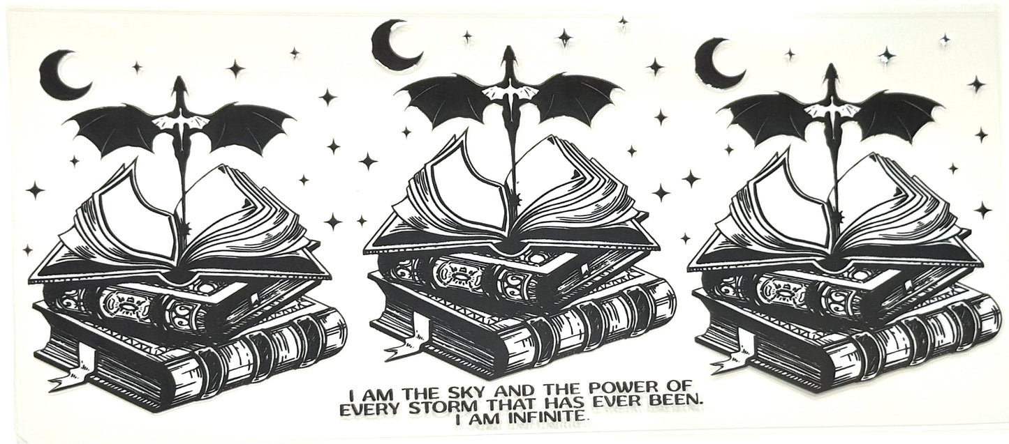 Three identical illustrations of open books with wings, a sword, and crescent moons on a white background.