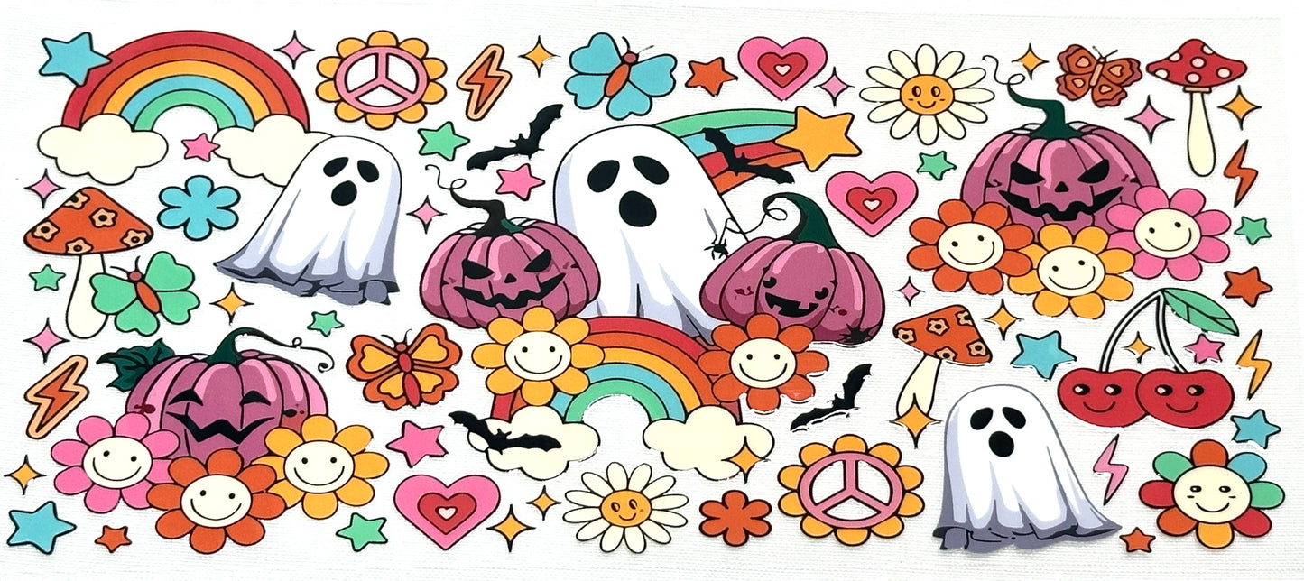 Colorful Halloween-themed stickers with ghosts, pumpkins, and flowers