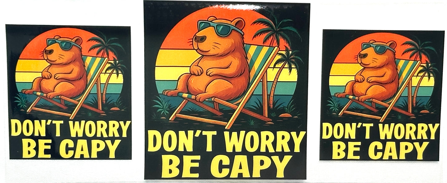 Three identical posters featuring a bear in sunglasses and a deck chair with 'Don't Worry Be Capy' text.
