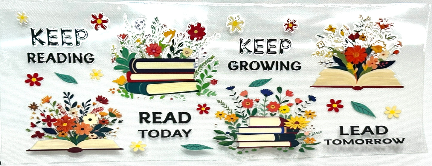 Decorative banner with books, flowers, and motivational phrases