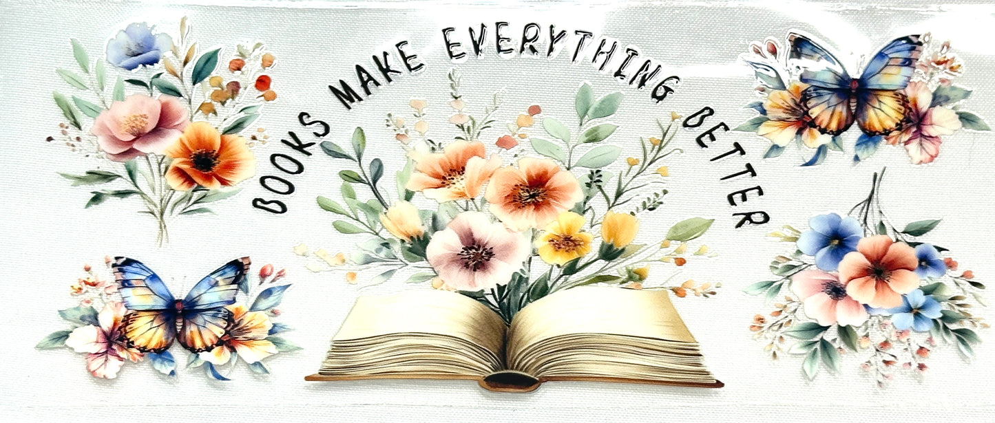 Decorative banner with flowers, butterflies, and an open book with 'Books Make Everything Better' text.