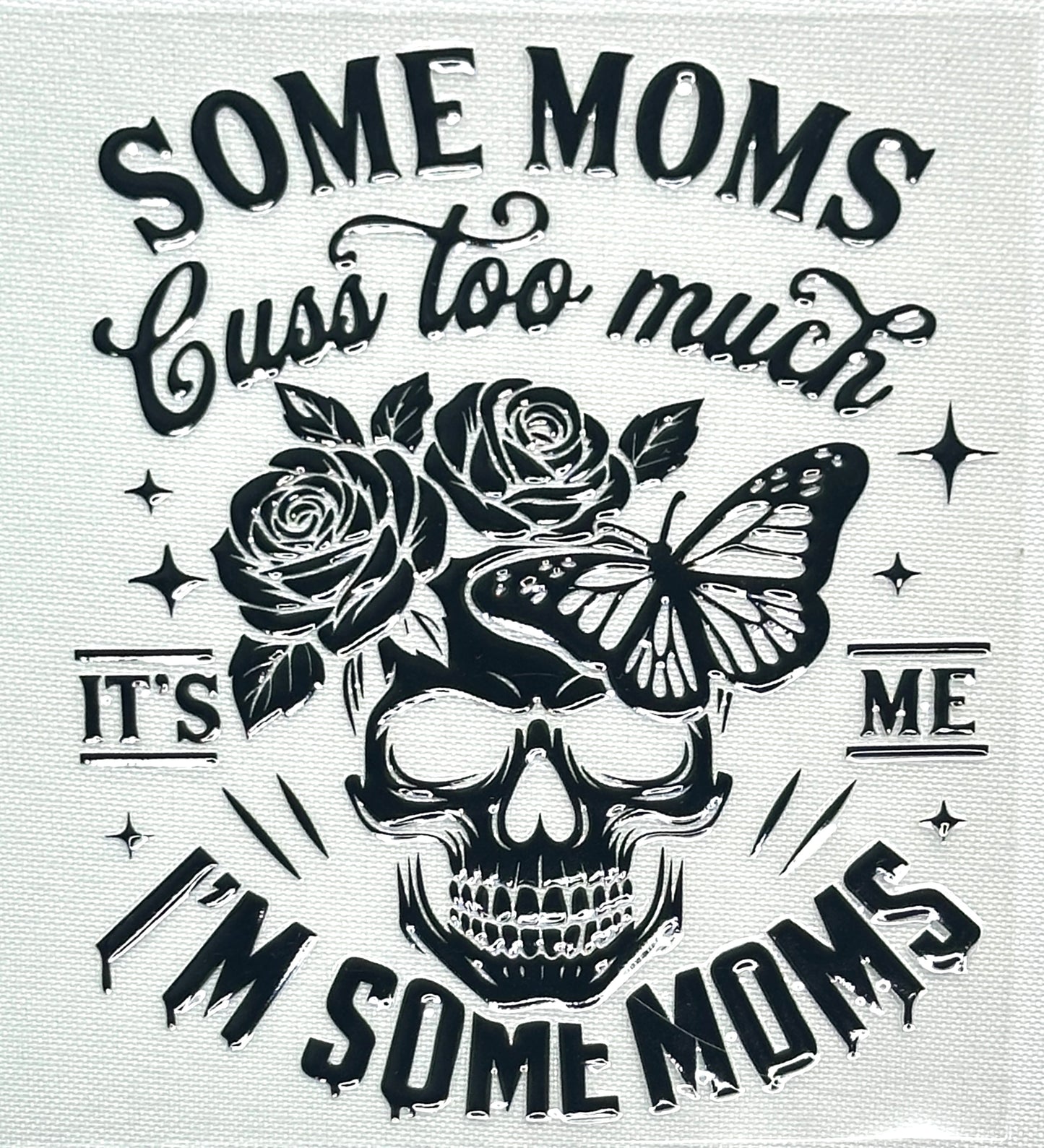 Skull design with roses and a butterfly, surrounded by text