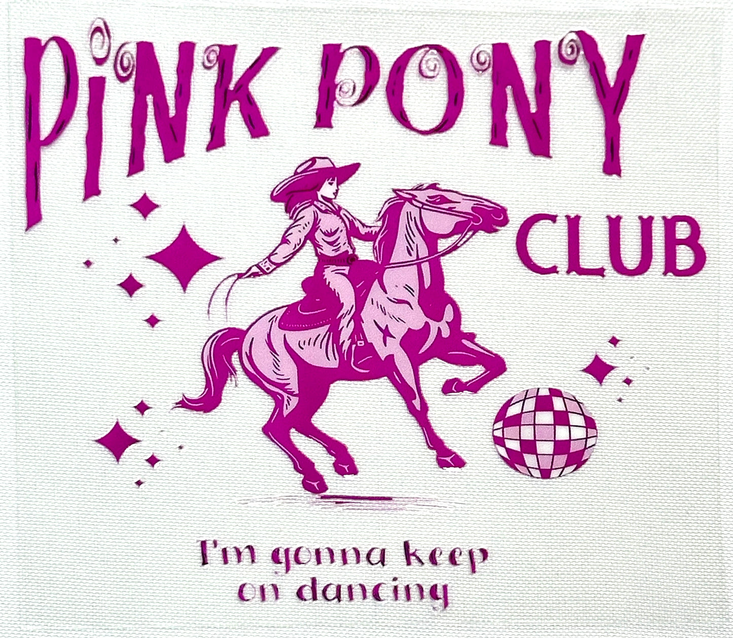 Logo of Pink Club with a rider on a horse and disco ball,