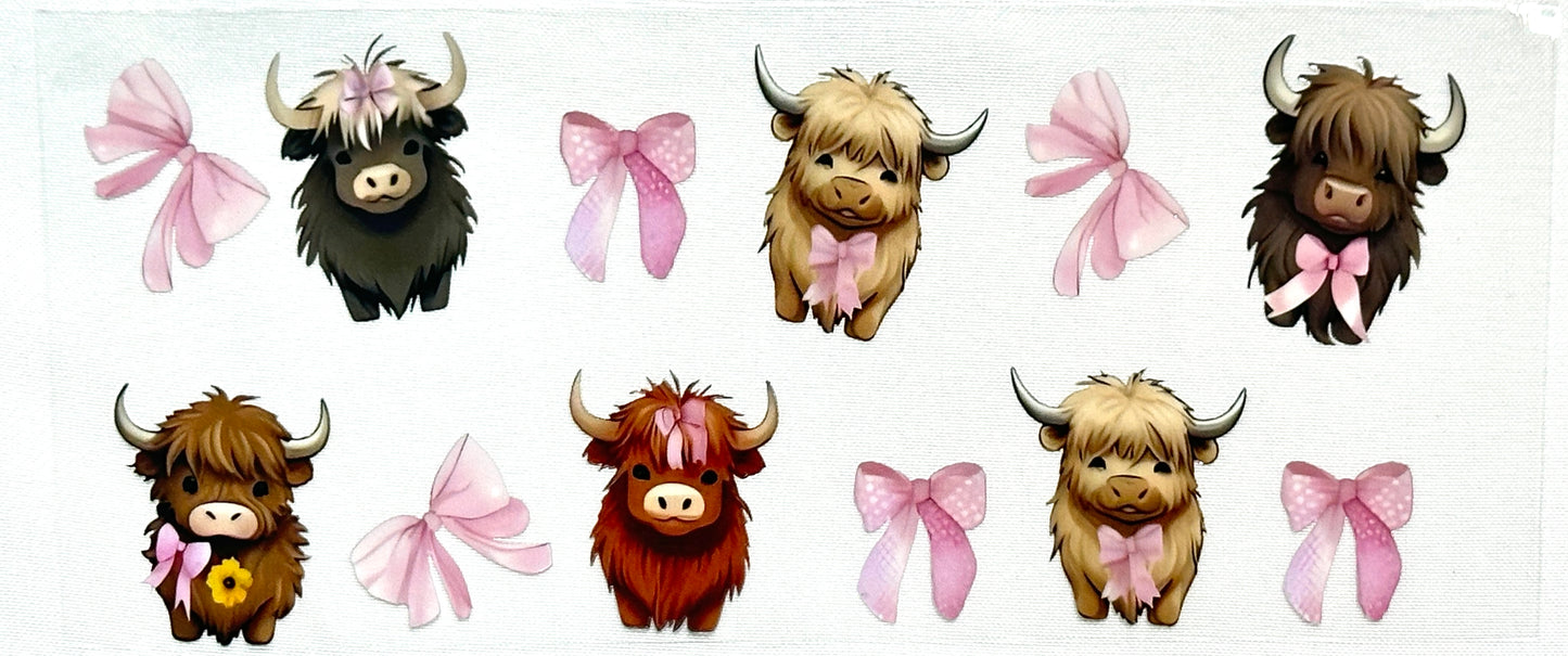 Set of cartoon Highland cows with pink bows